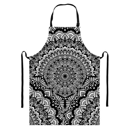 White And Black Mandala Print Bib Apron With Pocket