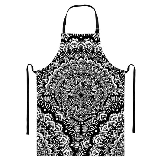 White And Black Mandala Print Bib Apron With Pocket