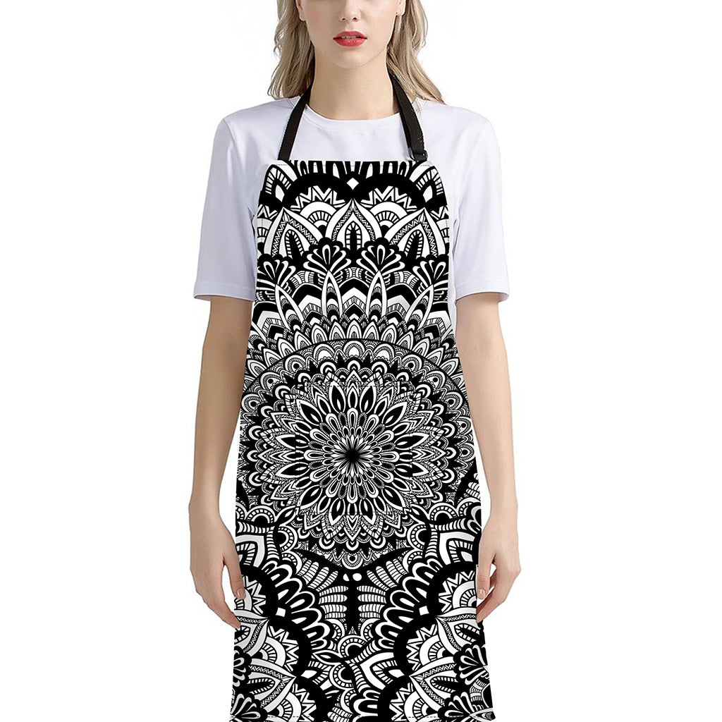 White And Black Mandala Print Bib Apron With Pocket