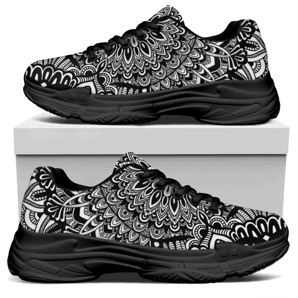 White And Black Mandala Print Black Chunky Shoes