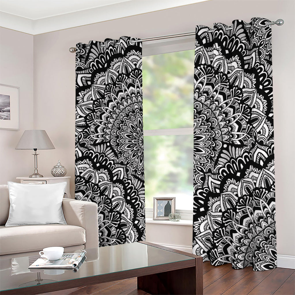 White And Black Mandala Print Blackout Grommet Curtains