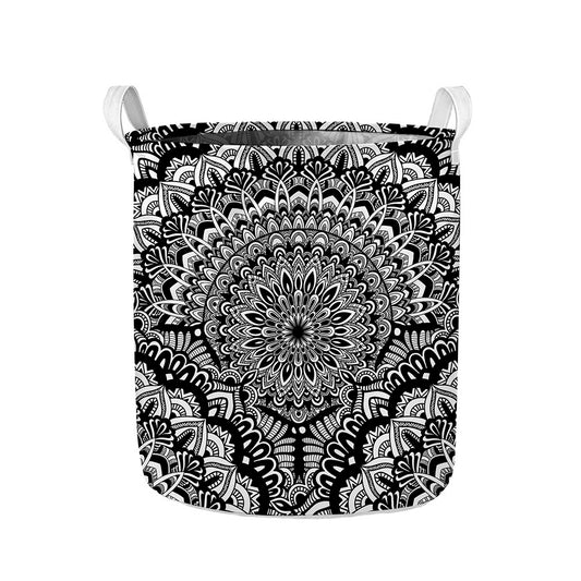 White And Black Mandala Print Collapsible Laundry Basket