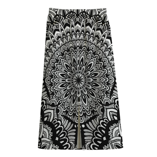 White And Black Mandala Print Cotton Front Slit Maxi Skirt
