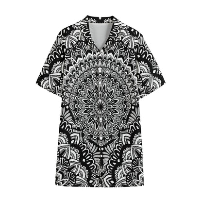 White And Black Mandala Print Cotton Hawaiian Shirt