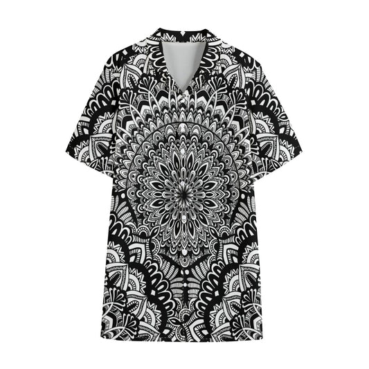 White And Black Mandala Print Cotton Hawaiian Shirt