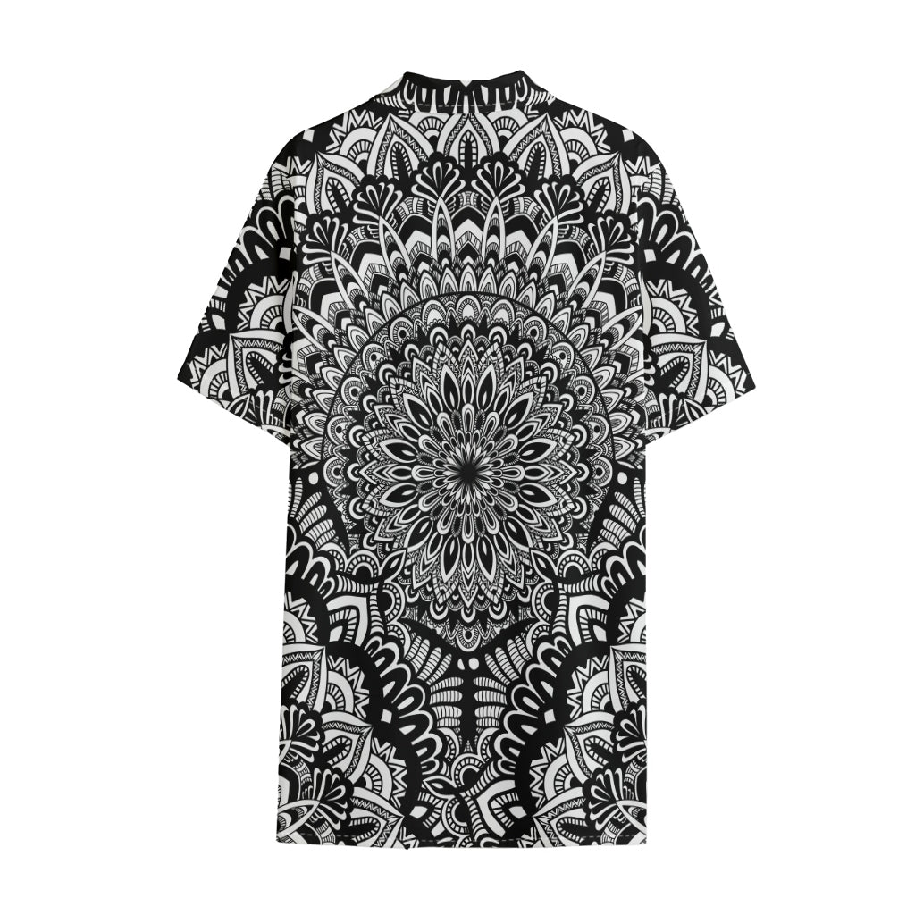 White And Black Mandala Print Cotton Hawaiian Shirt