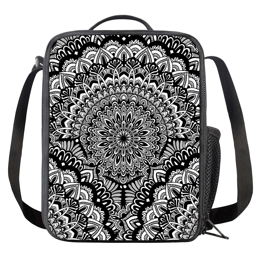 White And Black Mandala Print Crossbody Lunch Bag