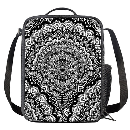 White And Black Mandala Print Crossbody Lunch Bag