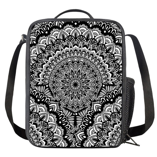 White And Black Mandala Print Crossbody Lunch Bag
