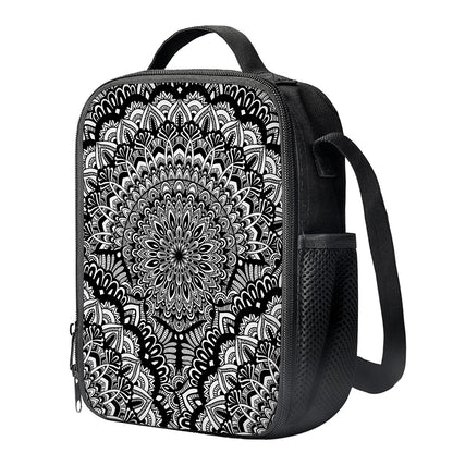 White And Black Mandala Print Crossbody Lunch Bag