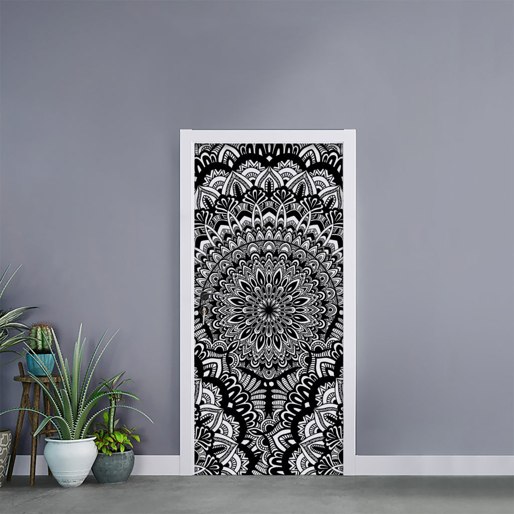White And Black Mandala Print Door Sticker