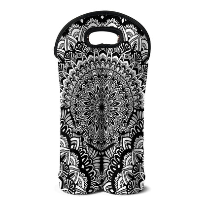 White And Black Mandala Print Double Neoprene Wine Tote