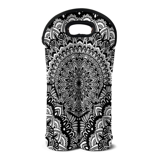 White And Black Mandala Print Double Neoprene Wine Tote