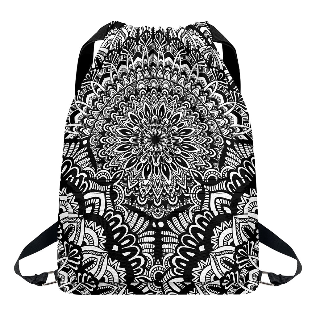 White And Black Mandala Print Drawstring Backpack
