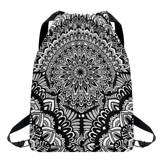 White And Black Mandala Print Drawstring Backpack