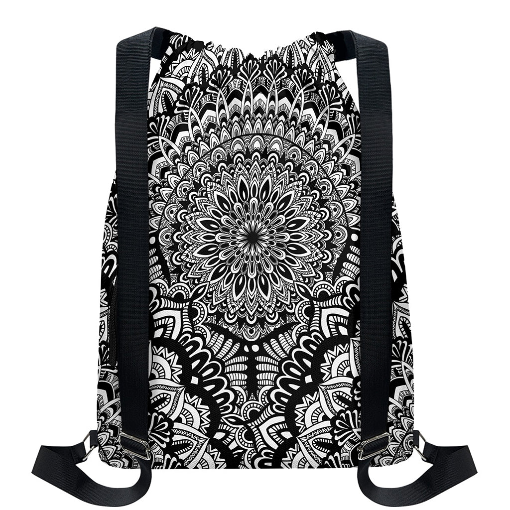 White And Black Mandala Print Drawstring Backpack