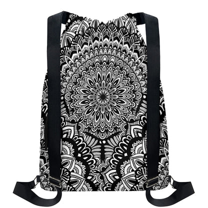 White And Black Mandala Print Drawstring Backpack