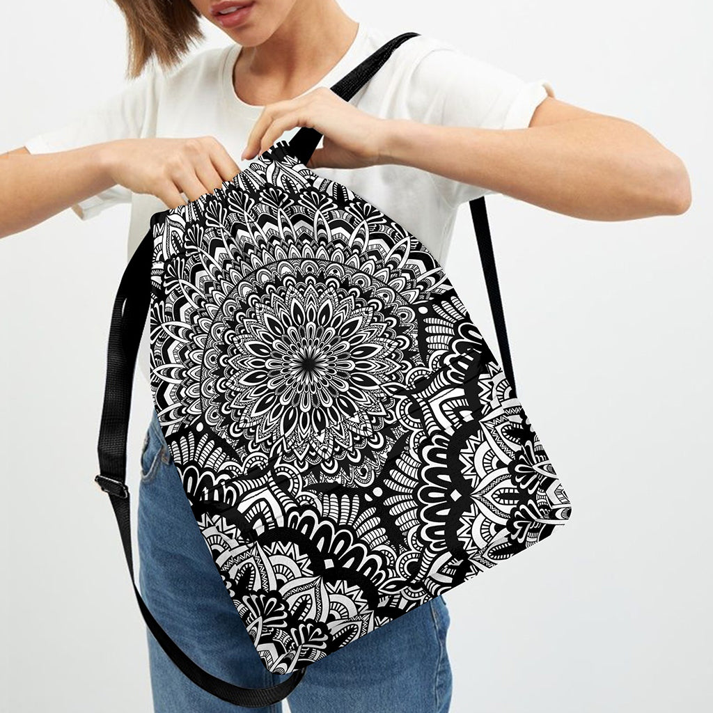 White And Black Mandala Print Drawstring Backpack