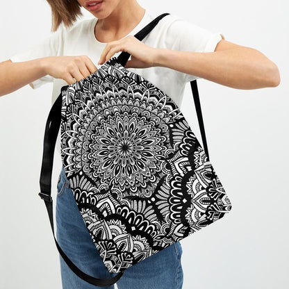 White And Black Mandala Print Drawstring Backpack