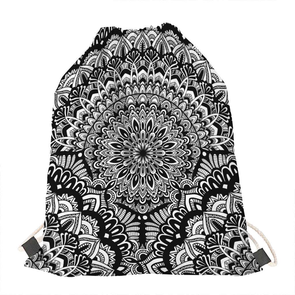 White And Black Mandala Print Drawstring Bag