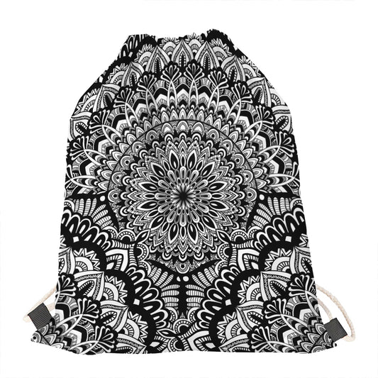 White And Black Mandala Print Drawstring Bag