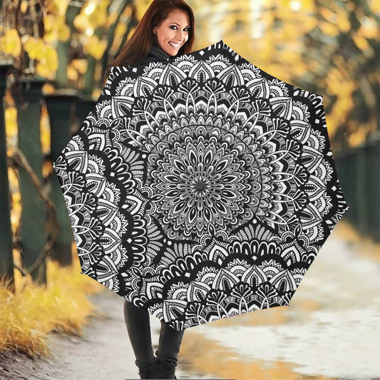 White And Black Mandala Print Foldable Umbrella