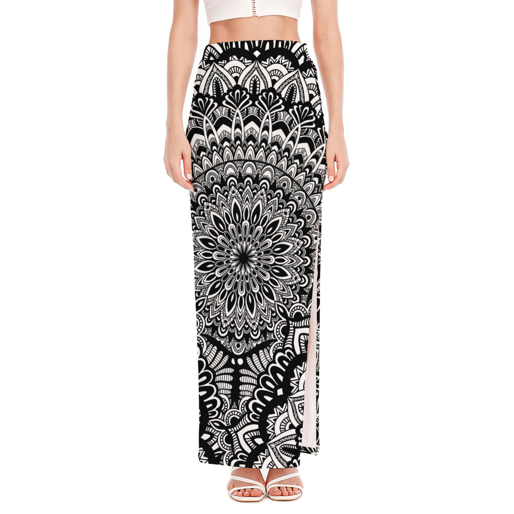 White And Black Mandala Print High Slit Maxi Skirt
