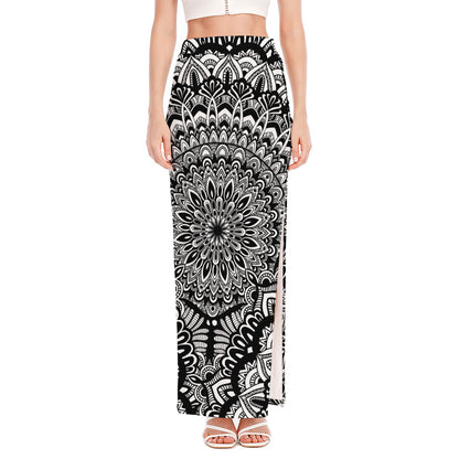 White And Black Mandala Print High Slit Maxi Skirt