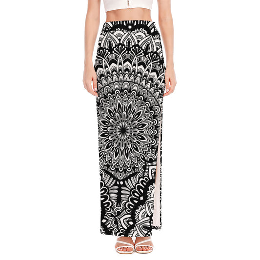 White And Black Mandala Print High Slit Maxi Skirt