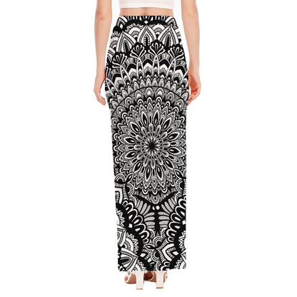White And Black Mandala Print High Slit Maxi Skirt