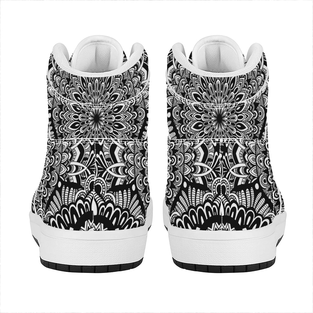 White And Black Mandala Print High Top Leather Sneakers