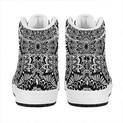 White And Black Mandala Print High Top Leather Sneakers