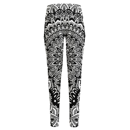 White And Black Mandala Print High-Waisted Pocket Leggings