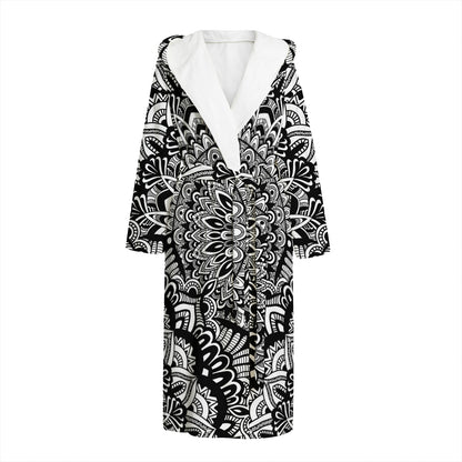 White And Black Mandala Print Hooded Bathrobe