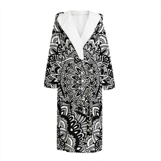 White And Black Mandala Print Hooded Bathrobe