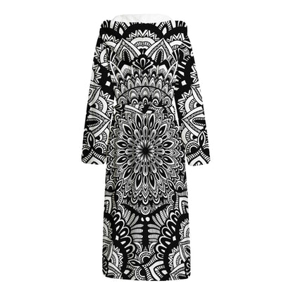 White And Black Mandala Print Hooded Bathrobe