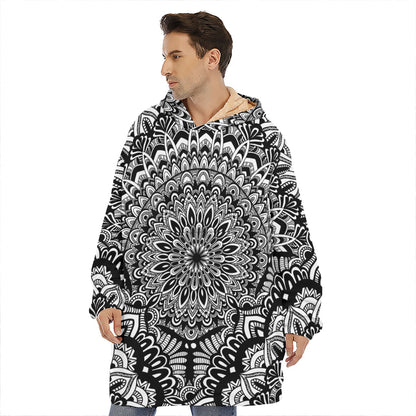 White And Black Mandala Print Hoodie Blanket