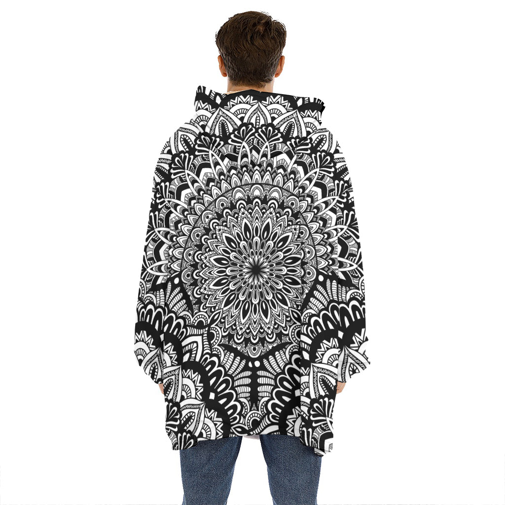 White And Black Mandala Print Hoodie Blanket