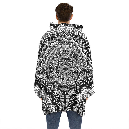 White And Black Mandala Print Hoodie Blanket