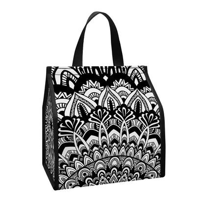 White And Black Mandala Print Insulated Lunch Tote