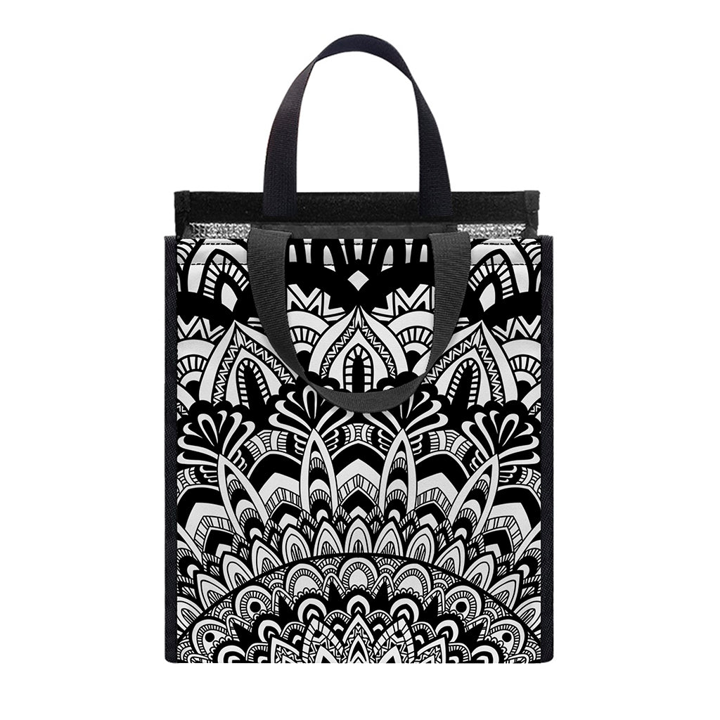 White And Black Mandala Print Insulated Lunch Tote