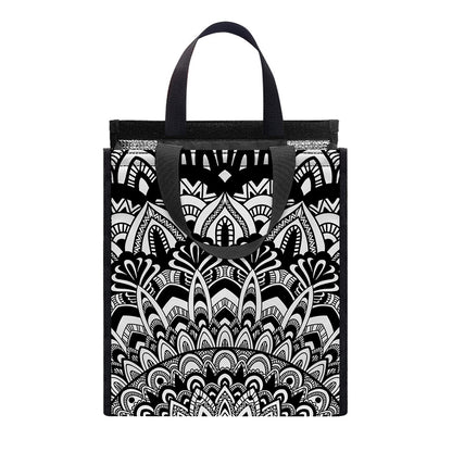 White And Black Mandala Print Insulated Lunch Tote