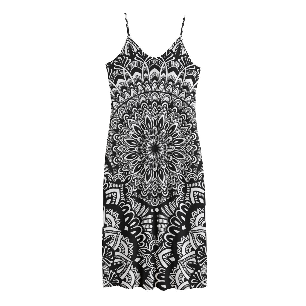 White And Black Mandala Print Jersey Midi Cami Dress