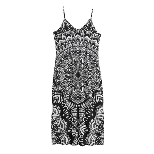 White And Black Mandala Print Jersey Midi Cami Dress