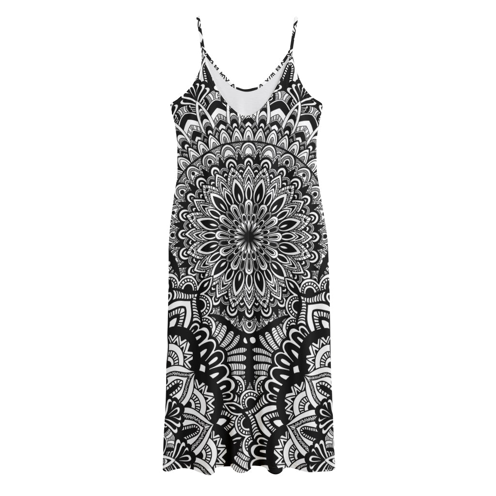 White And Black Mandala Print Jersey Midi Cami Dress