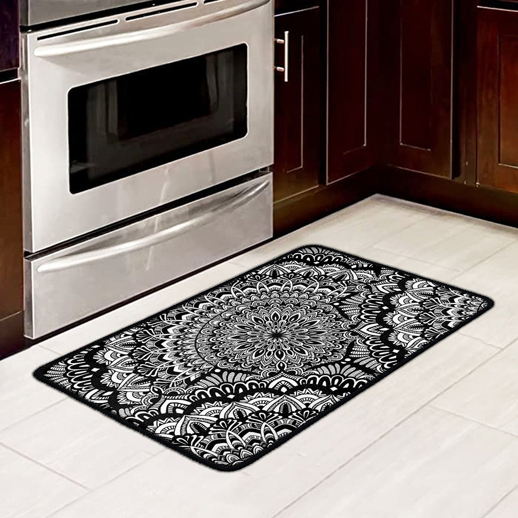 White And Black Mandala Print Kitchen Mat