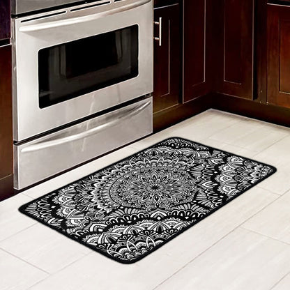 White And Black Mandala Print Kitchen Mat