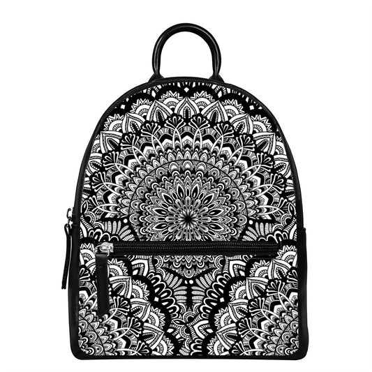 White And Black Mandala Print Leather Backpack