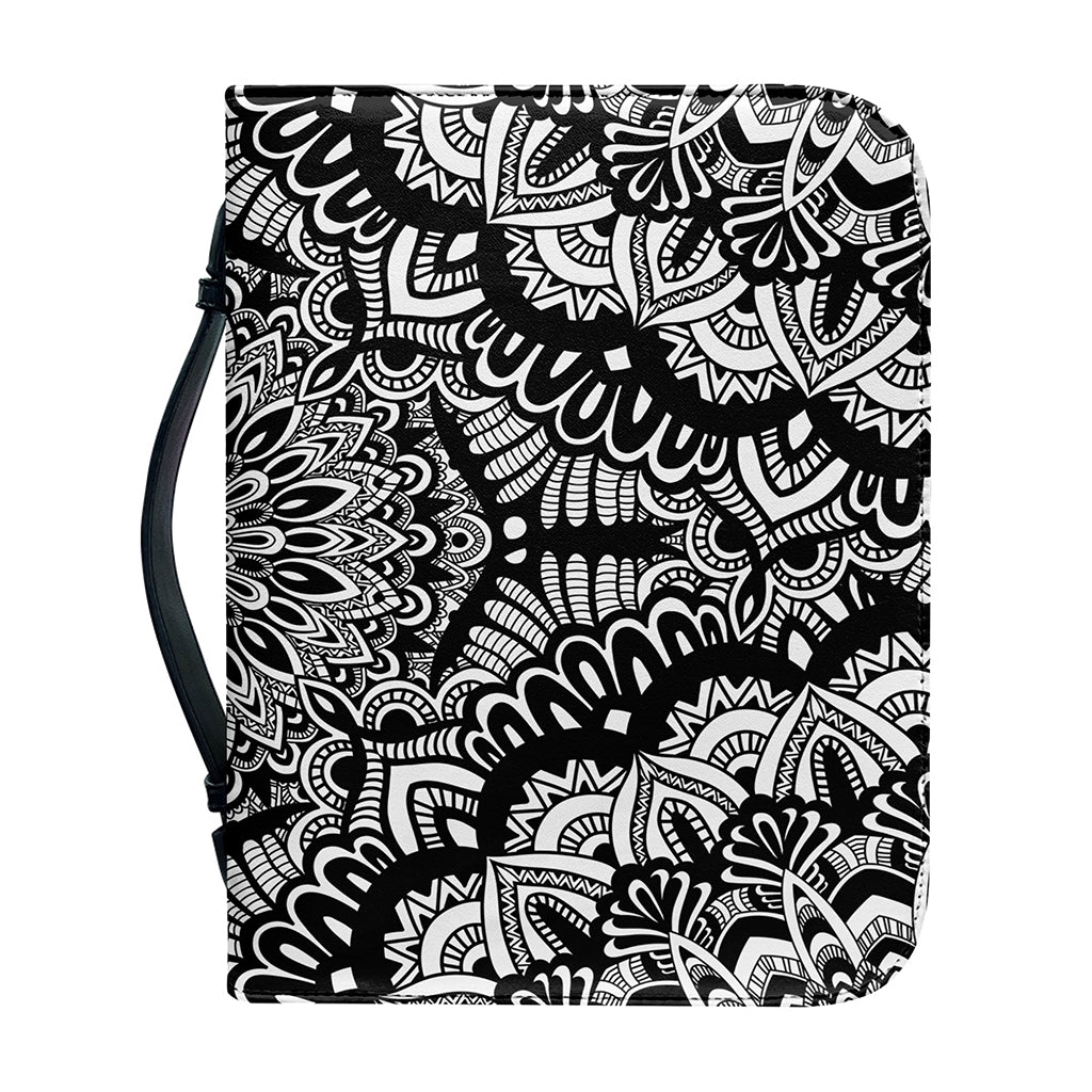 White And Black Mandala Print Leather Bible Cover