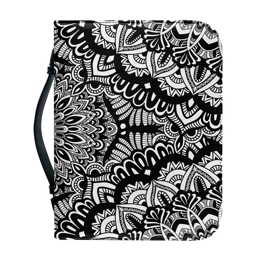 White And Black Mandala Print Leather Bible Cover